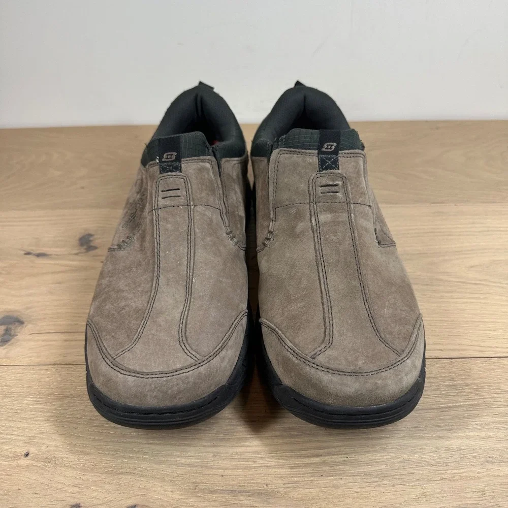 Skechers Sneakers Mens 10.5 Brown Leather Comfort Slip On Shoes Relaxed Fit